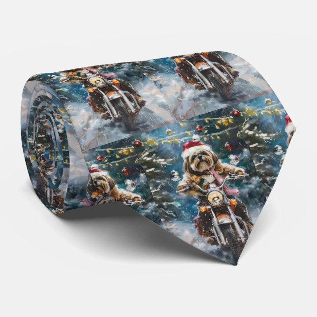 Cravate Lhasa Apso Chien à Moto Noël  (Roulé)
