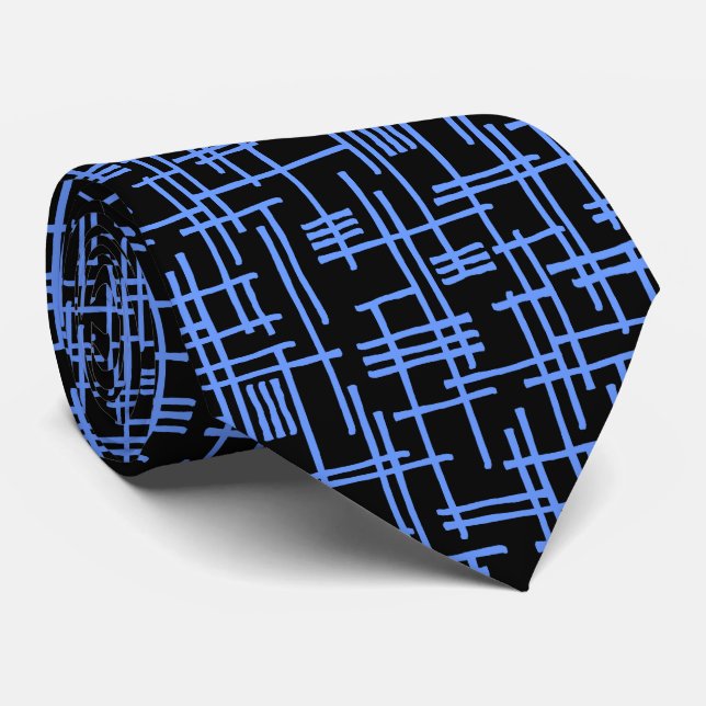 Cravate Lignes Abstraites 120923 - Bleu bébé sur noir (Roulé)