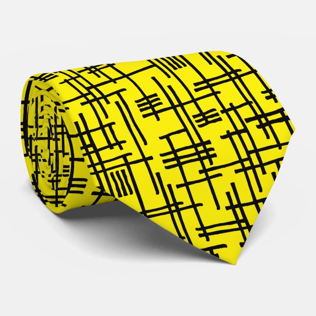 Cravate Lignes Abstraites 120923 - Noir sur Jaune clair (Roulé)