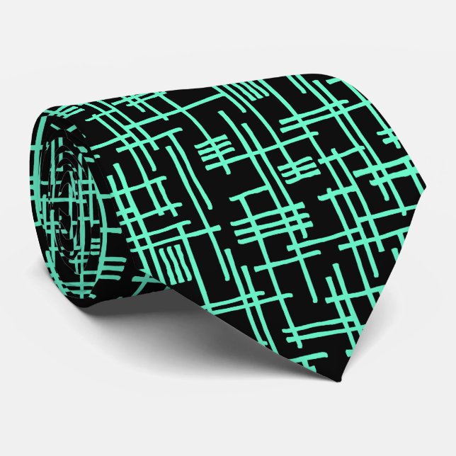 Cravate Lignes Abstraites 120923 - Turquoise sur noir (Roulé)