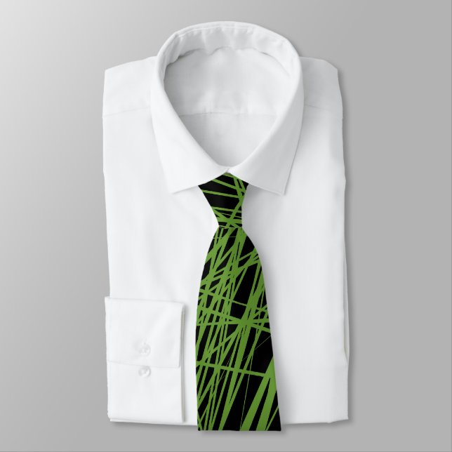 Cravate Lignes Abstraites - Avocado vert sur noir (Attaché)