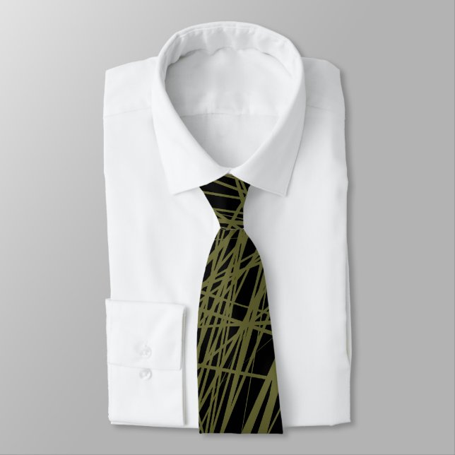 Cravate Lignes Abstraites - Bouton d'olive sur noir (Attaché)