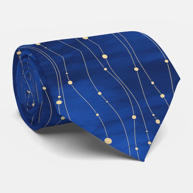Cravate Lignes et points dorés abstraits sur fond bleu (Roulé)
