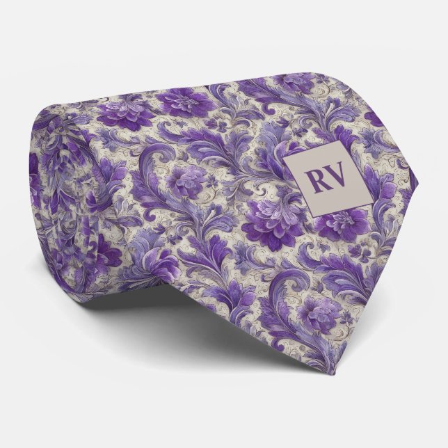 Cravate Lilas Pourpre Floral Baroque Antique (Roulé)