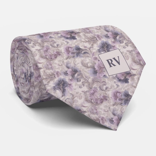 Cravate Lilas Violet Doux Tourbillon Botanique Vintage (Roulé)