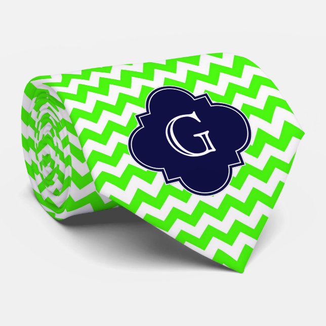 Cravate Lime Green Chevron Navy Blue Quatrefoil Monogramme (Roulé)