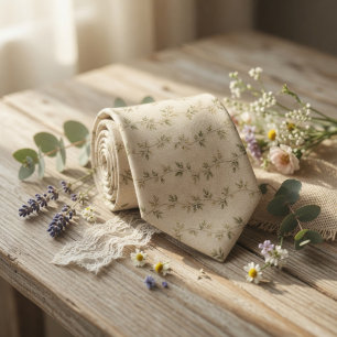 Cravate Linge rustique et vert sauge Vignes délicates