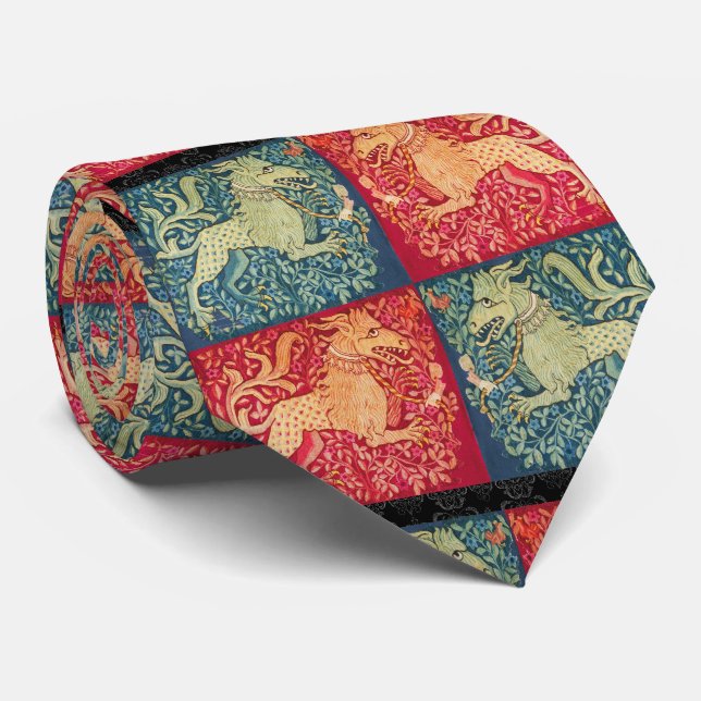 Cravate Lion BESTIAIRE MÉDIÉVAL Comme la bête en bleu roug (Roulé)