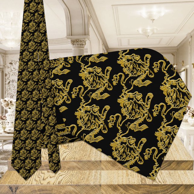 Cravate Lion rugissant noir et or (Créateur téléchargé)