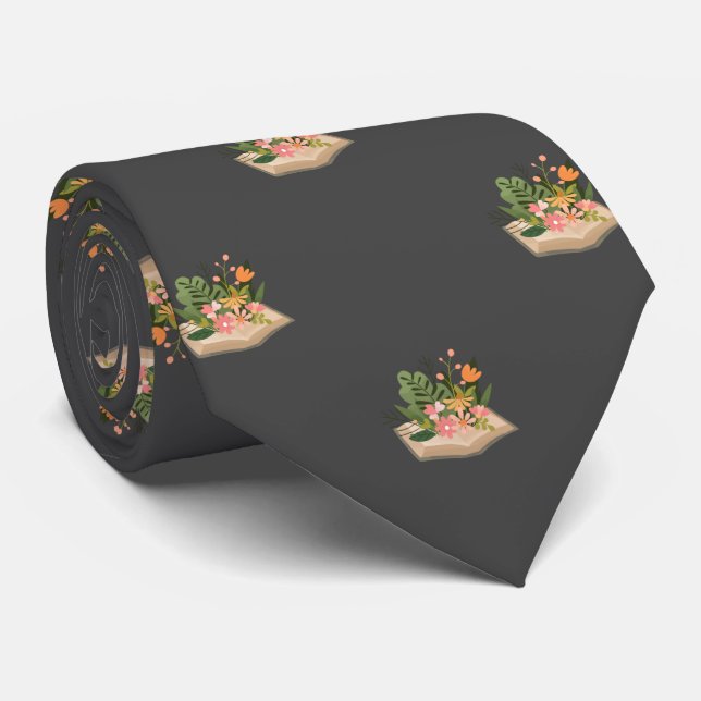 Cravate Livre gris et fleurs OEuvre romancière, diplôme (Roulé)