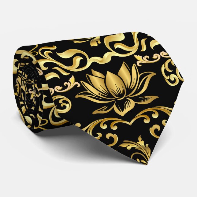 Cravate Lotus d'or et motif floral 2508 (Roulé)