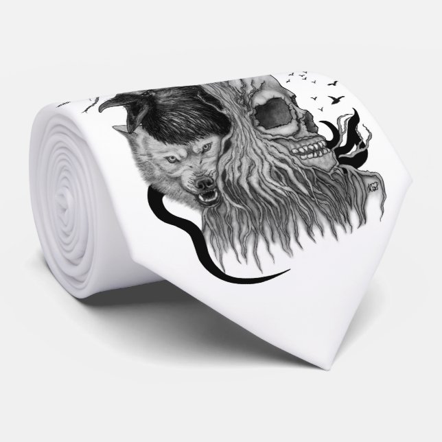Cravate Loup et corbeau avec crâne (Roulé)