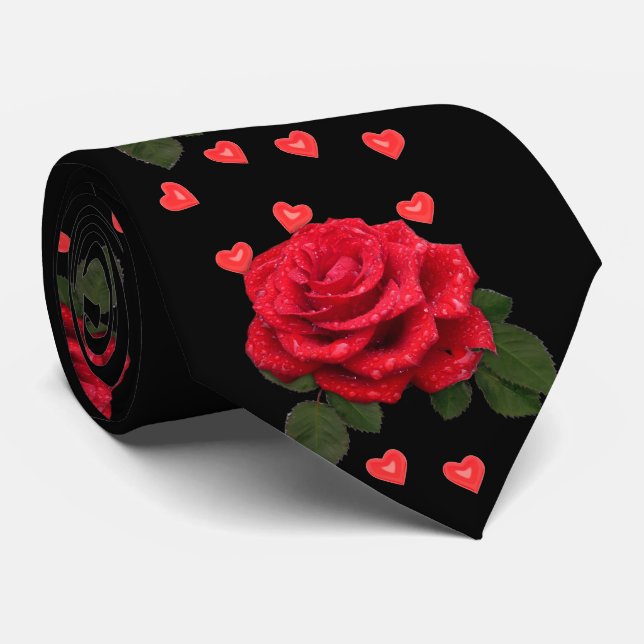 Cravate Love Hearts and Red Roses on Black Valentine's Day (Roulé)