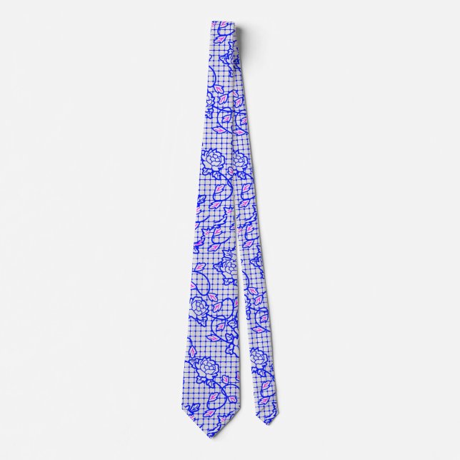 Cravate Lumineuse filet bleu avec fleurs 02b Offwhite BG (Devant)