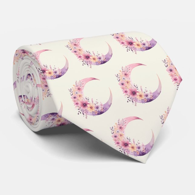 Cravate Lune rose Croissant avec Jolie Fleurs Motif (Roulé)