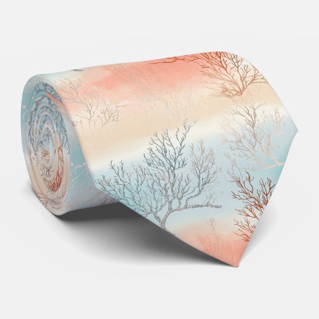 Cravate Luxe Aquarelle Corail et Vagues Océaniques Côtière (Roulé)