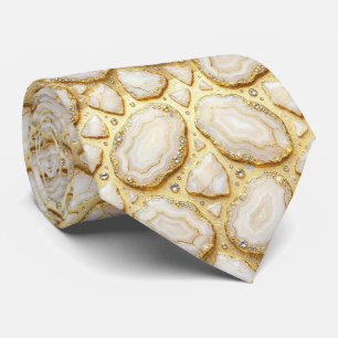 Cravate Luxueux Faux Soie Col Serre-Cou Géode Or et Blan