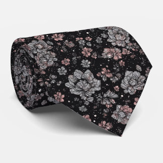 Cravate Luxueux Fleurs Noir Rose Métallisé Argent Vintage