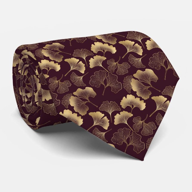 Cravate Luxueux Ginkgo Bourguignon Or (Roulé)