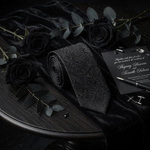 Cravate Luxueux Noir de Minuit Damassé Floral en Relief