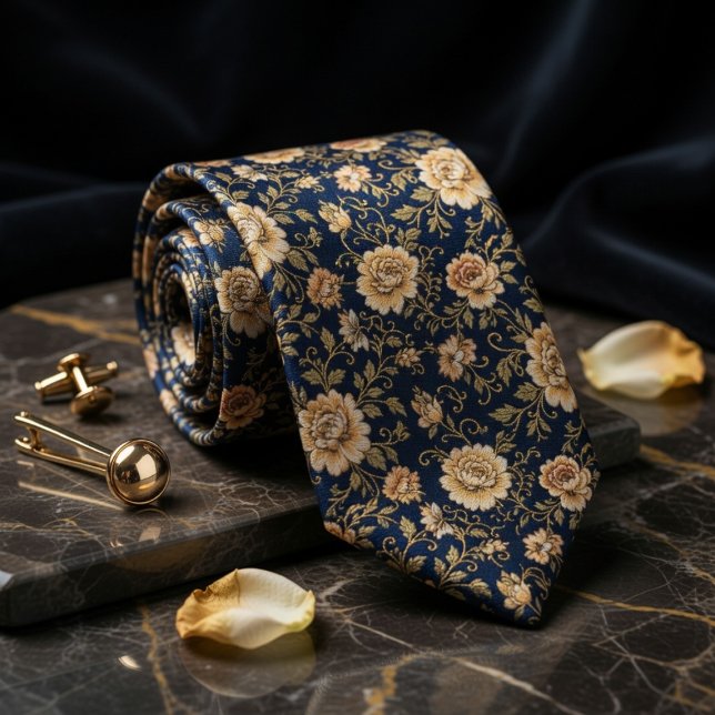 Cravate Luxurious Navy Blue Gold Floral Damask (Créateur téléchargé)