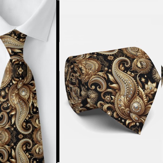 Cravate Luxury Black White Gold Paisley Diamond Neck Tie (Créateur téléchargé)