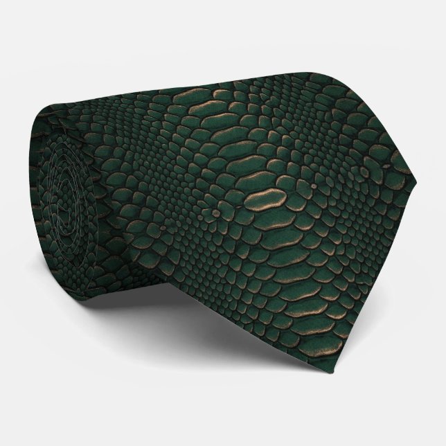 Cravate Luxury Emerald Green and Copper Snakeskin Texture (Roulé)