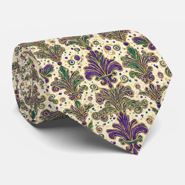 Cravate Luxury Mardi Gras Green Purple Gold Fleur De Lis  (Roulé)