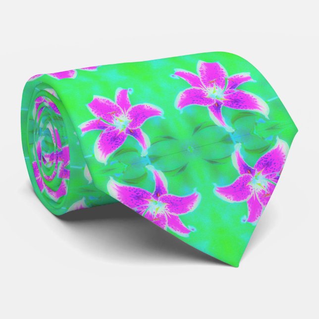 Cravate Lys Stargazer rose chaud sur turquoise et vert (Roulé)