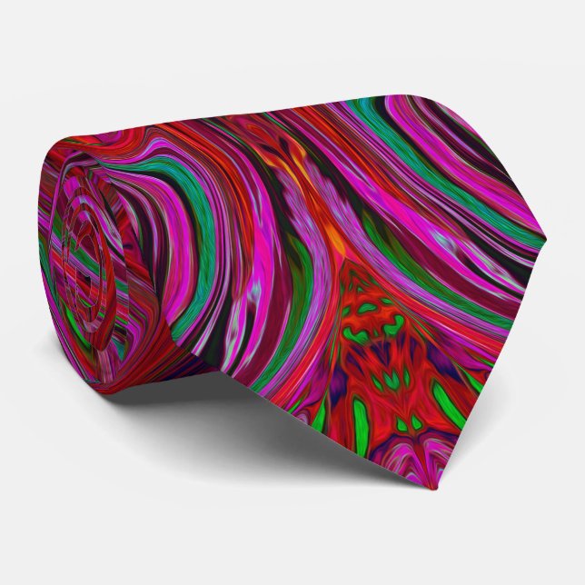 Cravate Magenta, Rouge et Vert Cool Tripant Motif Ondulé (Roulé)