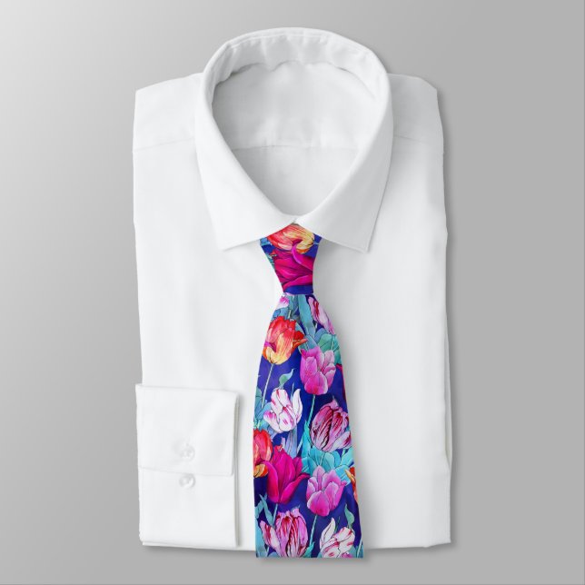 Cravate Magenta Violet rose rouge blanc bleu Tulipe Fleurs (Attaché)