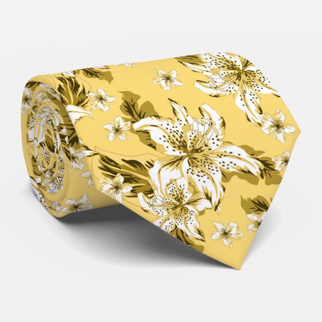 Cravate Magnifique motif de fleurs jaune pâle (Roulé)