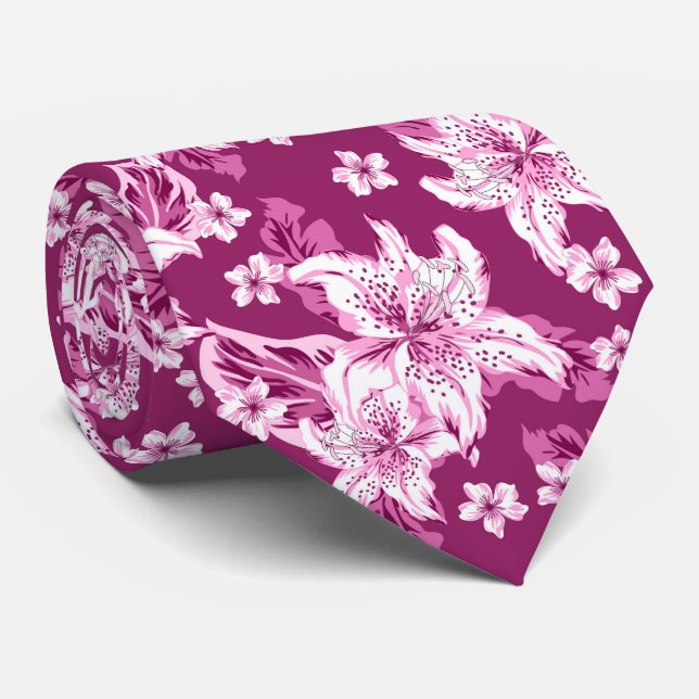 Cravate Magnifique motif de fleurs magenta (Roulé)