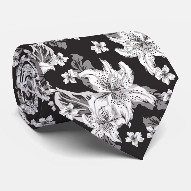 Cravate Magnifique motif de fleurs noir et blanc (Roulé)