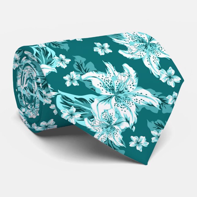 Cravate Magnifique motif de fleurs turquoise (Roulé)
