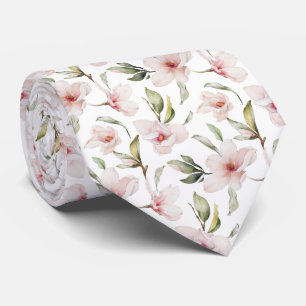 Cravate Magnolia Floral Aquarelle Rose Élégant