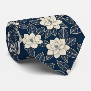 Cravate Magnolia Moderne Floral Ivory Bleu de Minuit