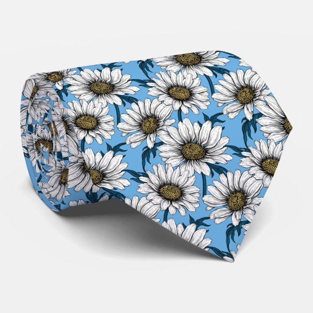 Cravate Maisonnettes, fleurs sauvages sur bleu (Roulé)