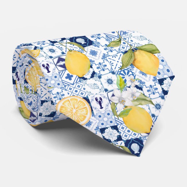 Cravate Majolique bleue méditerranéenne et citron  (Roulé)