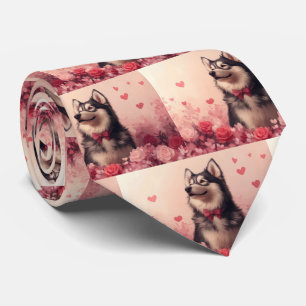 Cravate Malamute d'Alaska avec des roses - Saint-Valentin