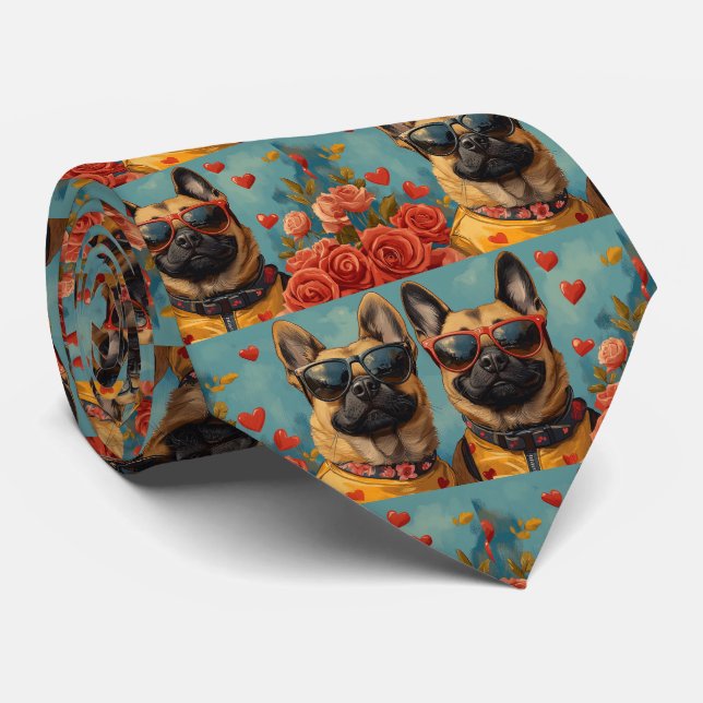 Cravate Malinois Belge Avec Roses Du Cœur Saint-Valentin (Roulé)