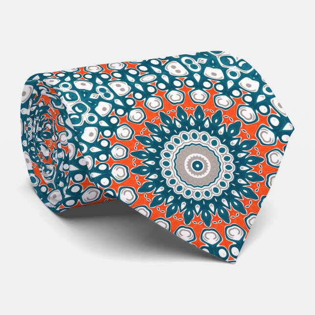 Cravate Mandala géométrique sarcelle et orange (Roulé)