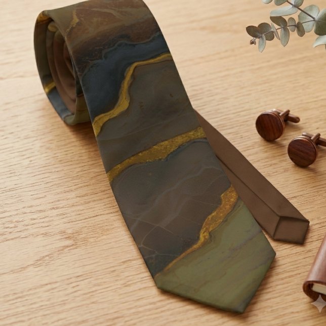 Cravate Marbre Abstrait Brun Terreux et Or (An earthy brown and gold marble swirl necktie, a refined gift for him for a fall wedding.)