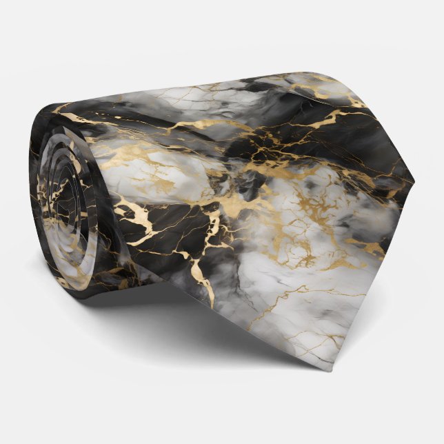 Cravate Marbre de luxe blanc, or et noir élégant (Roulé)