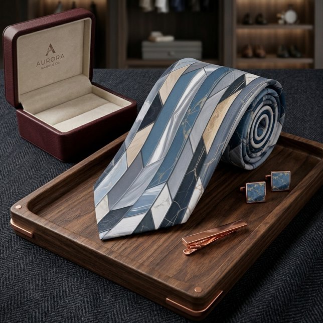 Cravate Marbre géométrique mosaïque bleu ardoise de luxe (Créateur téléchargé)