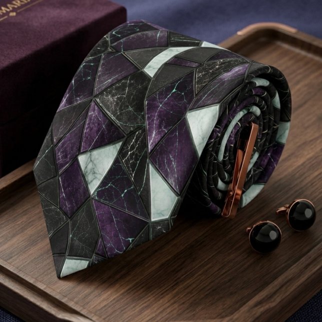 Cravate Marbre Géométrique Royal Violet et Noir de Luxe  (Créateur téléchargé)