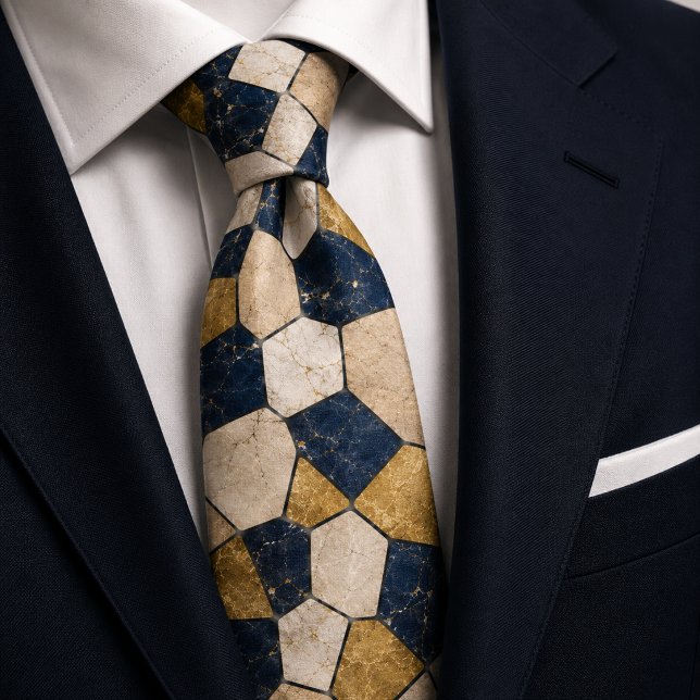 Cravate Marbre mosaïque bleu marine et or de luxe (Créateur téléchargé)