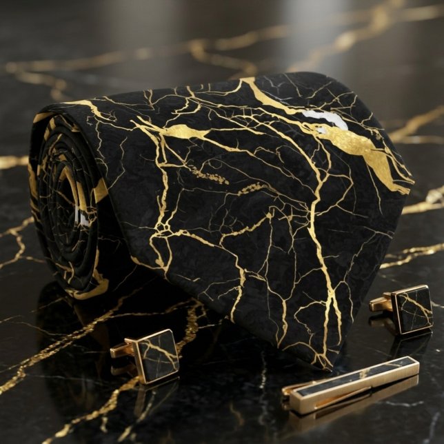Cravate Marbre noir et veines dorées motif élégant (Créateur téléchargé)