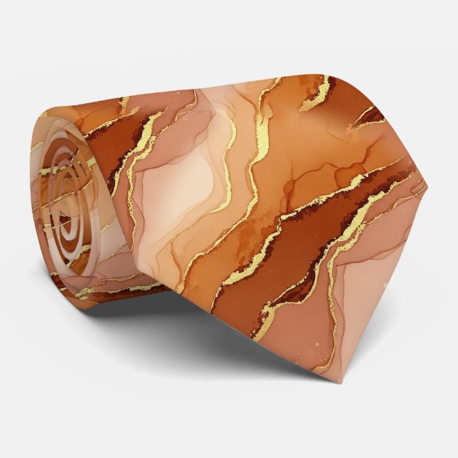 Cravate Marbre Veine d'Or Terracotta - Luxe Chaud (6)      (Roulé)