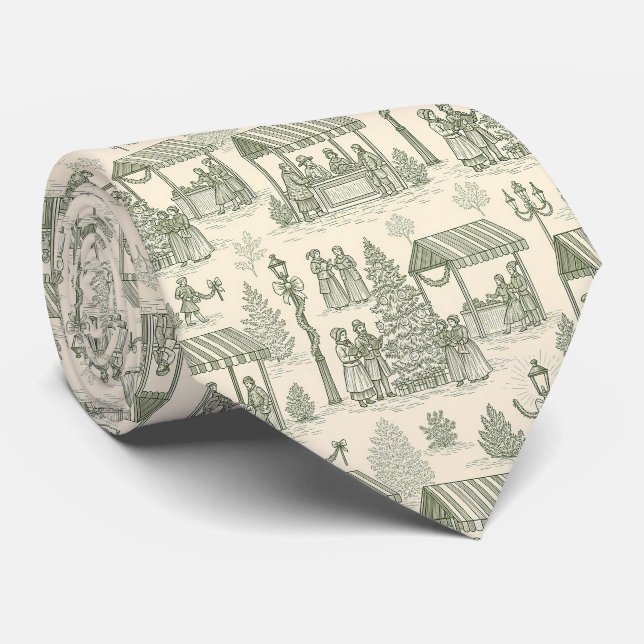 Cravate Marché de Noël Classique Toile en Vert et Crème (Roulé)